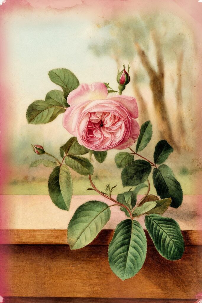 Vintage watercolor of a pink rose with green leaves, set against a blurred natural background.