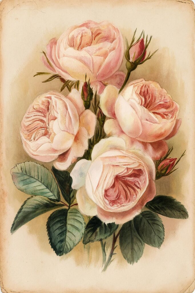 Vintage illustration of pink roses with green leaves, showcasing delicate petals and romantic botanical art.