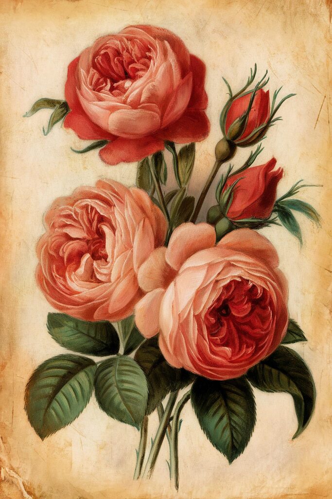 Vintage illustration of blooming red and pink roses with lush green leaves on aged background.