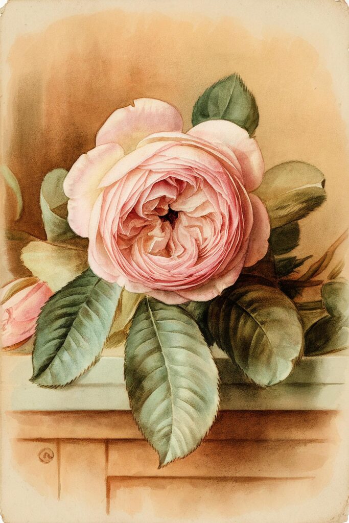 Delicate pink rose with green leaves, watercolor painting on a soft background, vintage floral artwork.