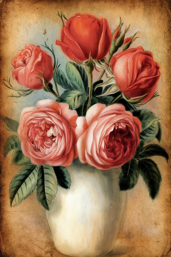 Vintage painting of red and pink roses in a white vase with a textured background.