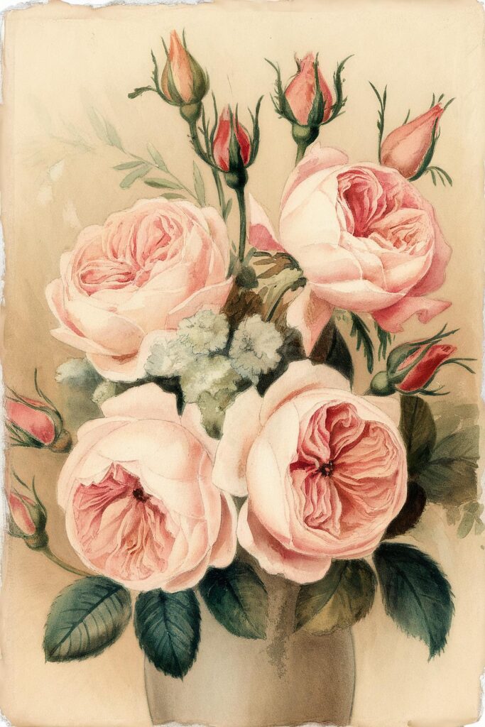 Vintage floral painting featuring blooming pink roses with lush green leaves in a soft, elegant composition.