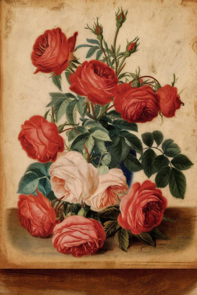 Vintage painting of vibrant red roses with green leaves on an aged canvas background.