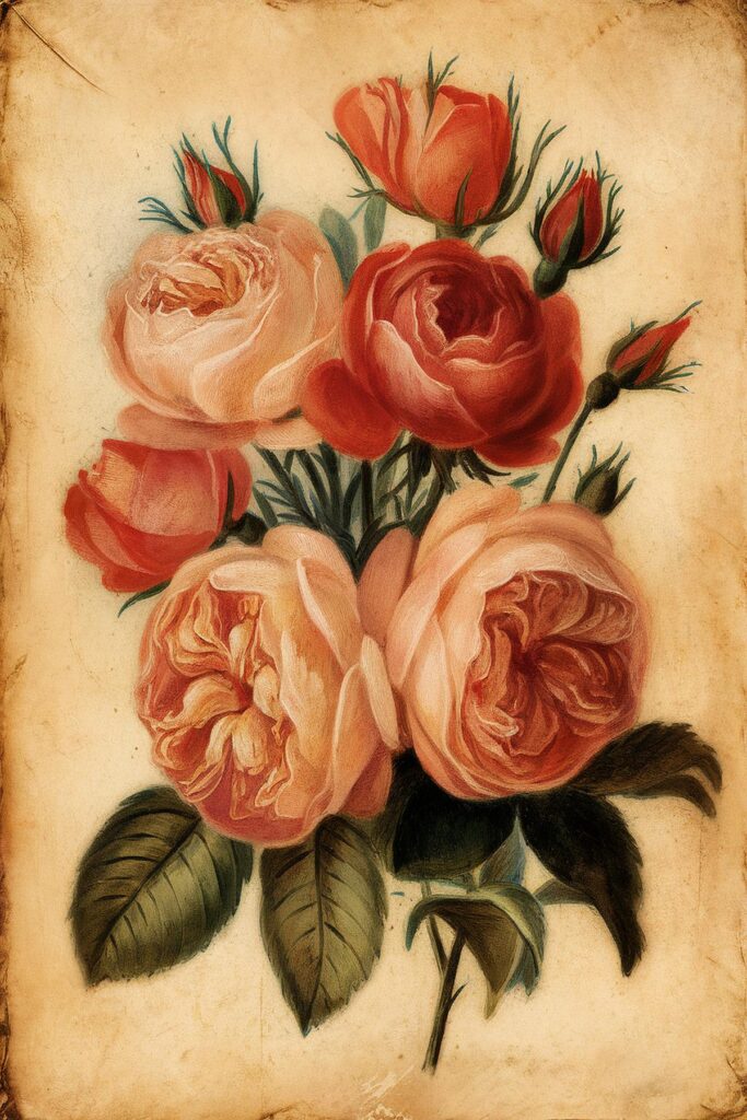 Vintage botanical illustration of vibrant pink and red roses with green leaves on an aged parchment background.