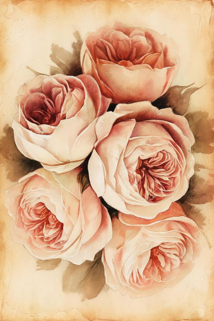 Watercolor illustration of six pink roses, arranged beautifully on a vintage paper background.