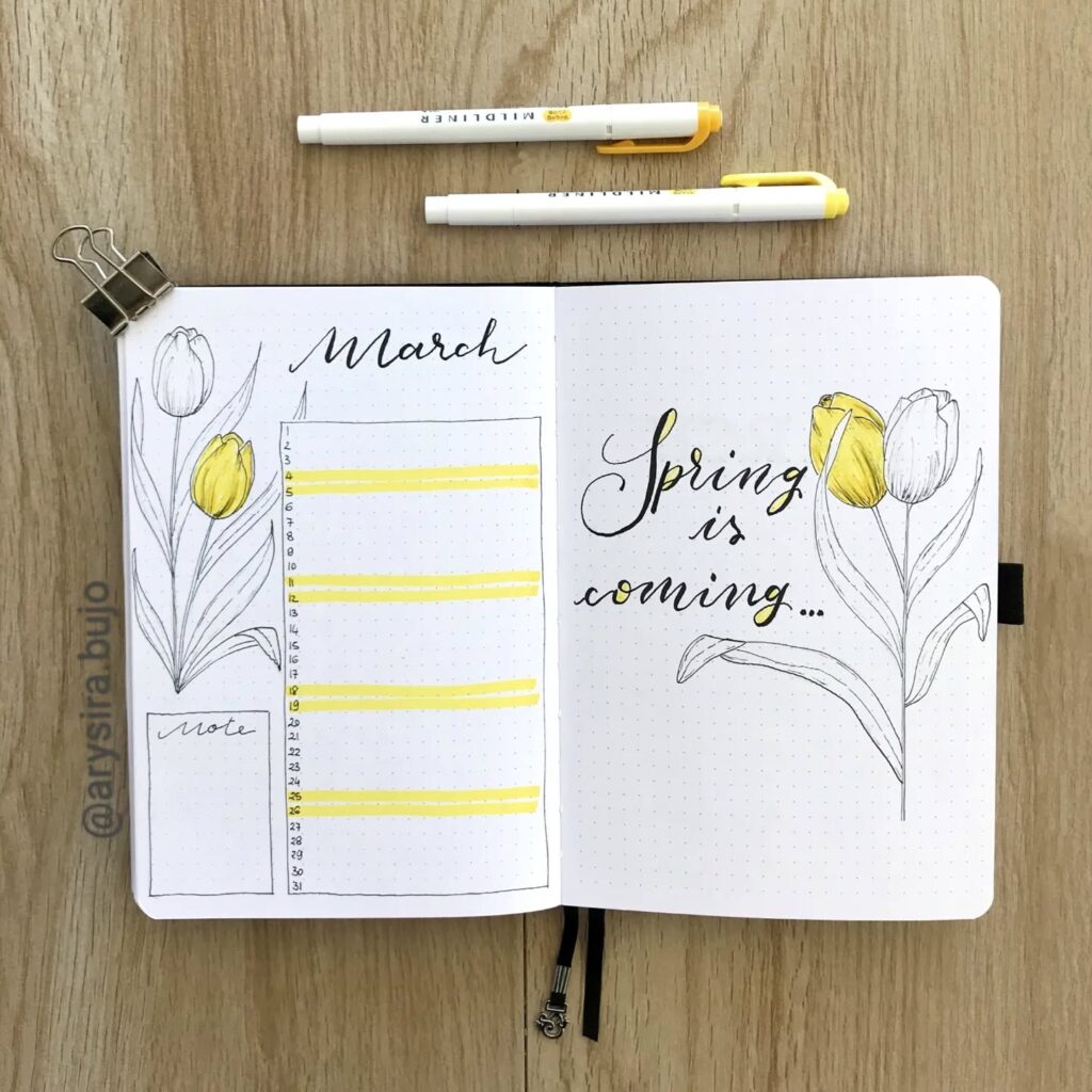 Bullet journal layout for March with yellow tulips and Spring is coming text. Creative monthly planner design.