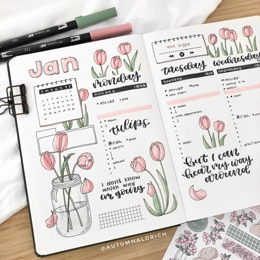 Bullet journal weekly spread with tulip illustrations and handwritten text for January planning.