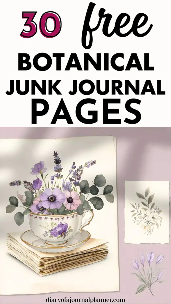 30 free botanical junk journal pages with floral illustrations in a teacup. Perfect for creative journaling.