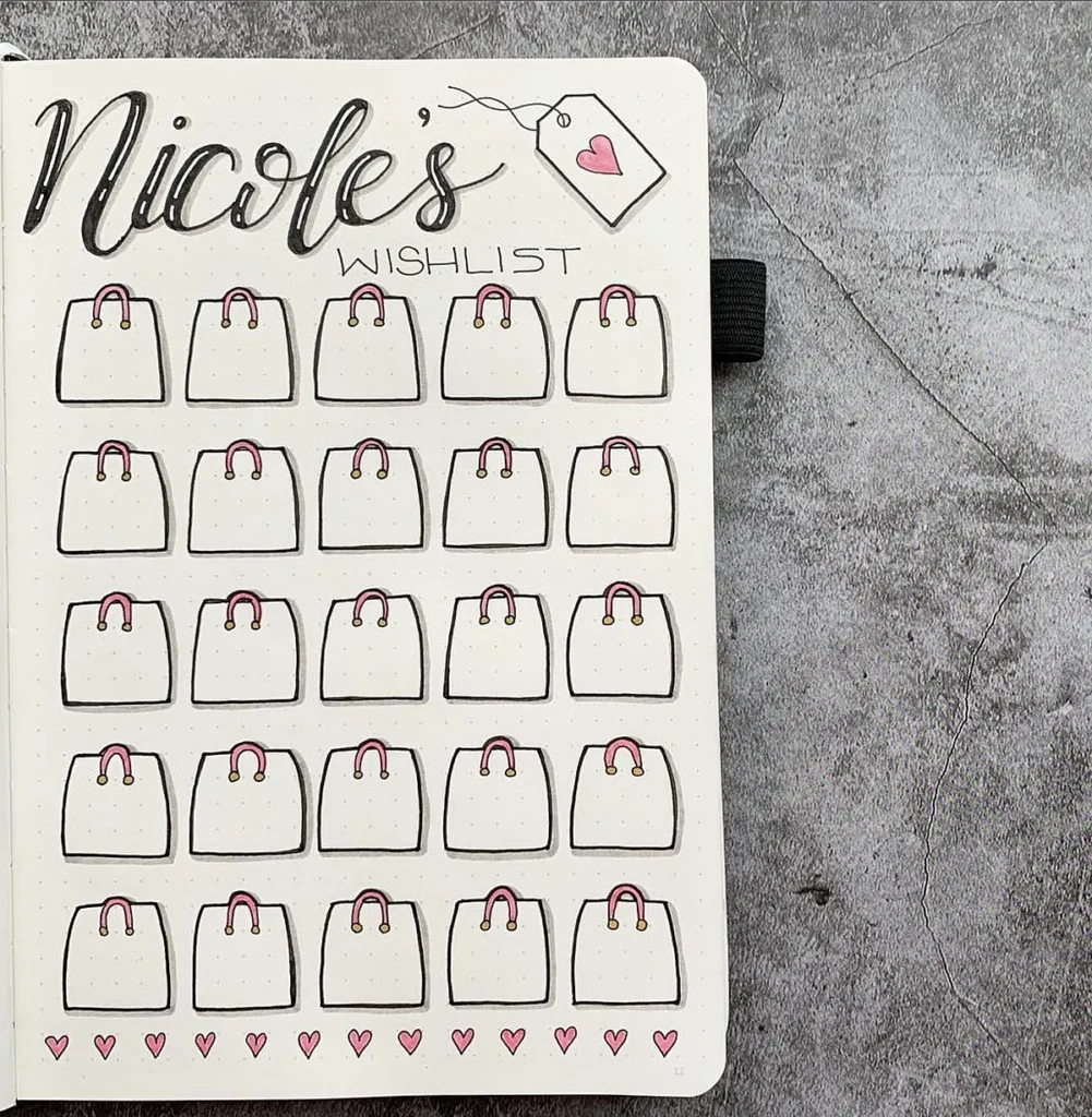 Bullet journal wishlist page with drawings of bags and hearts on a textured background.