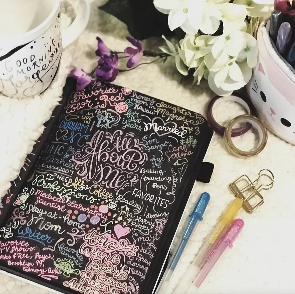 Colorful bullet journal with handwritten notes, surrounded by pens, a coffee mug, flowers, and stationery.