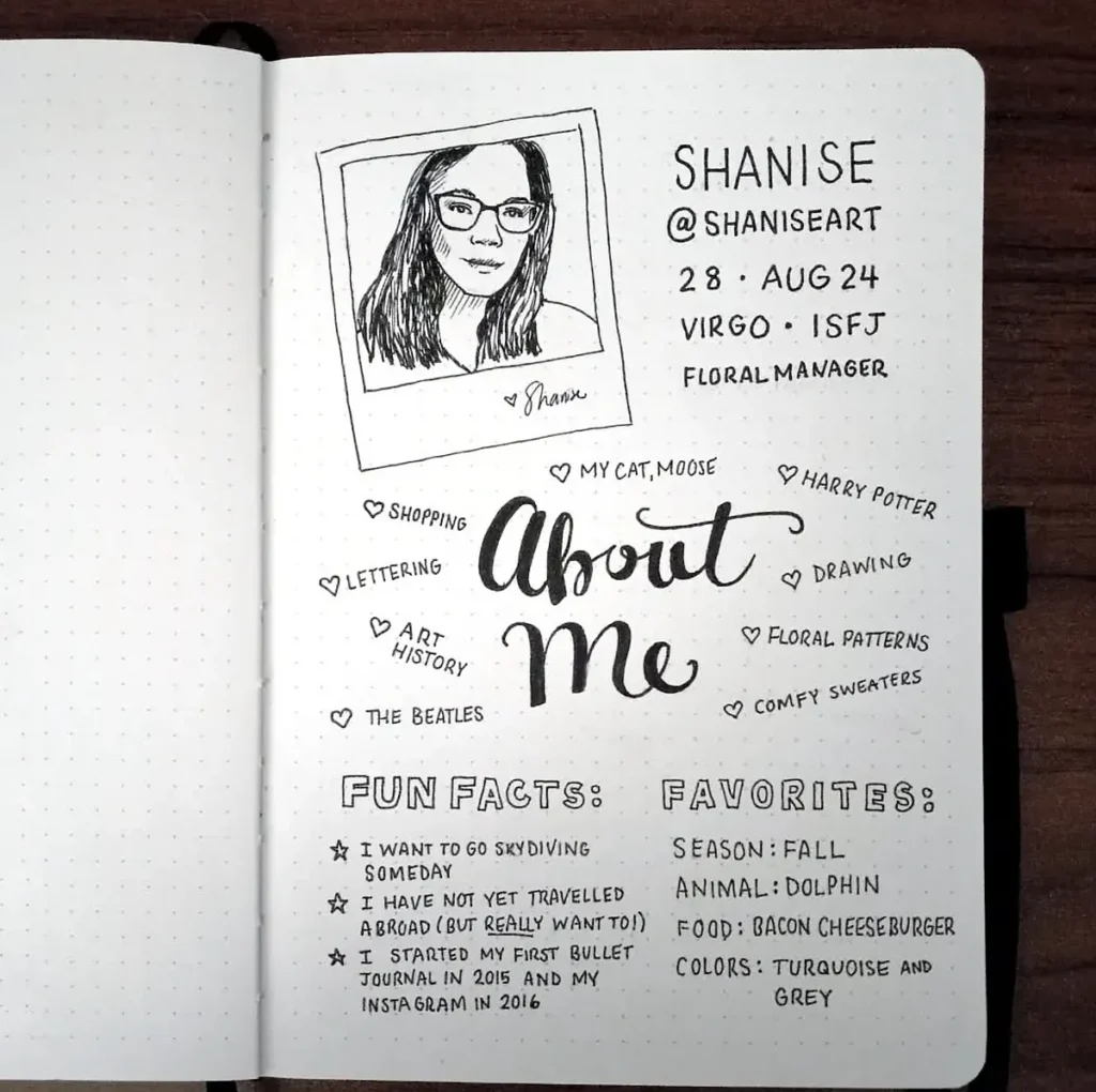Bullet journal page featuring an About Me section with fun facts, favorites, and an illustration of a person.