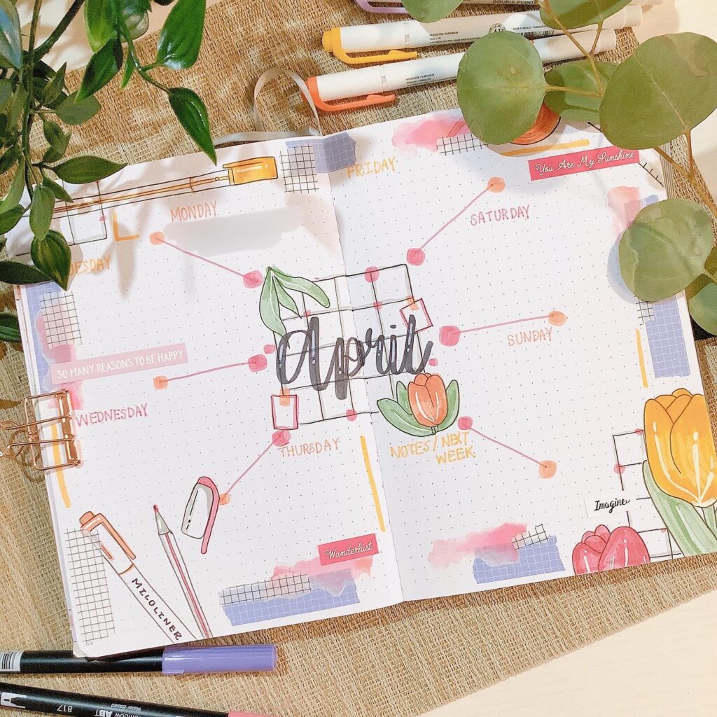 April bullet journal layout with floral designs, surrounded by stationery and leaves on a burlap surface.