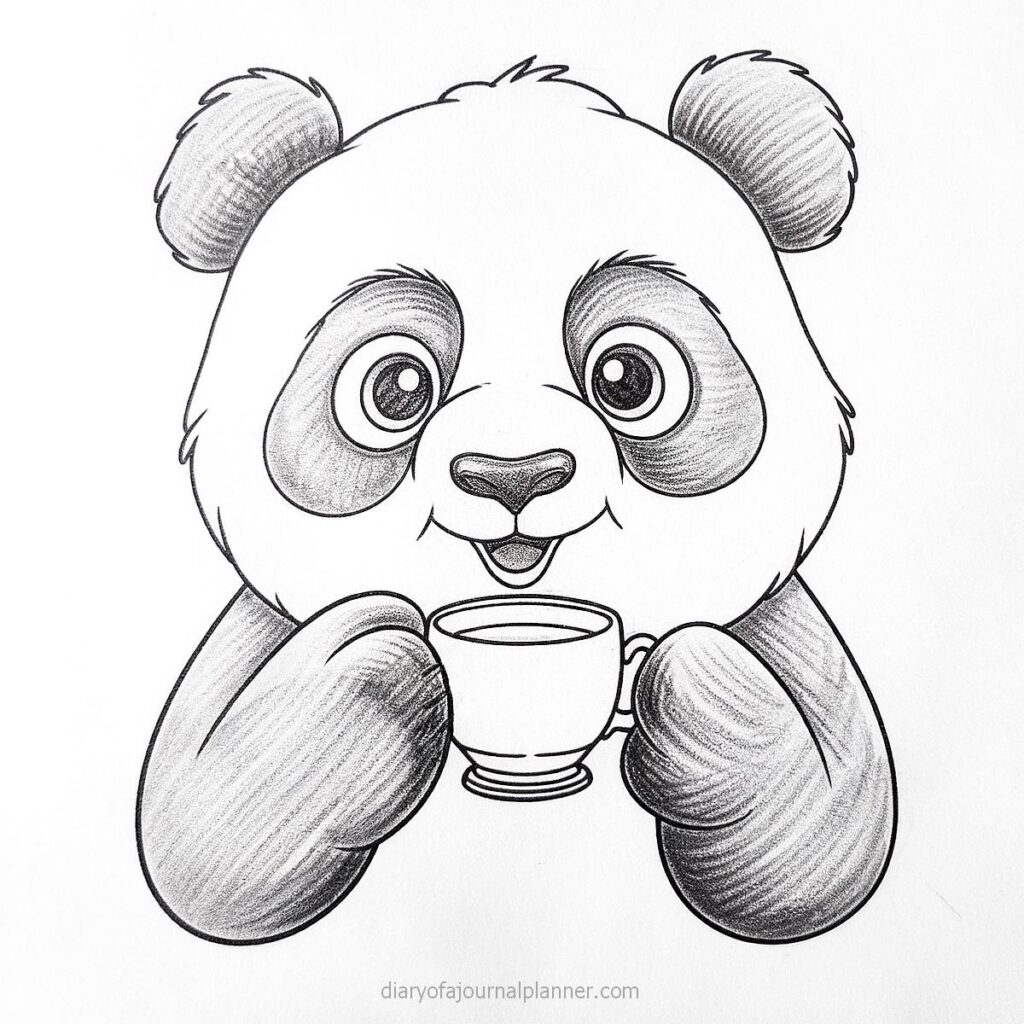 Cute panda cartoon holding a cup of tea, pencil drawing. Perfect for coloring books and fun designs.