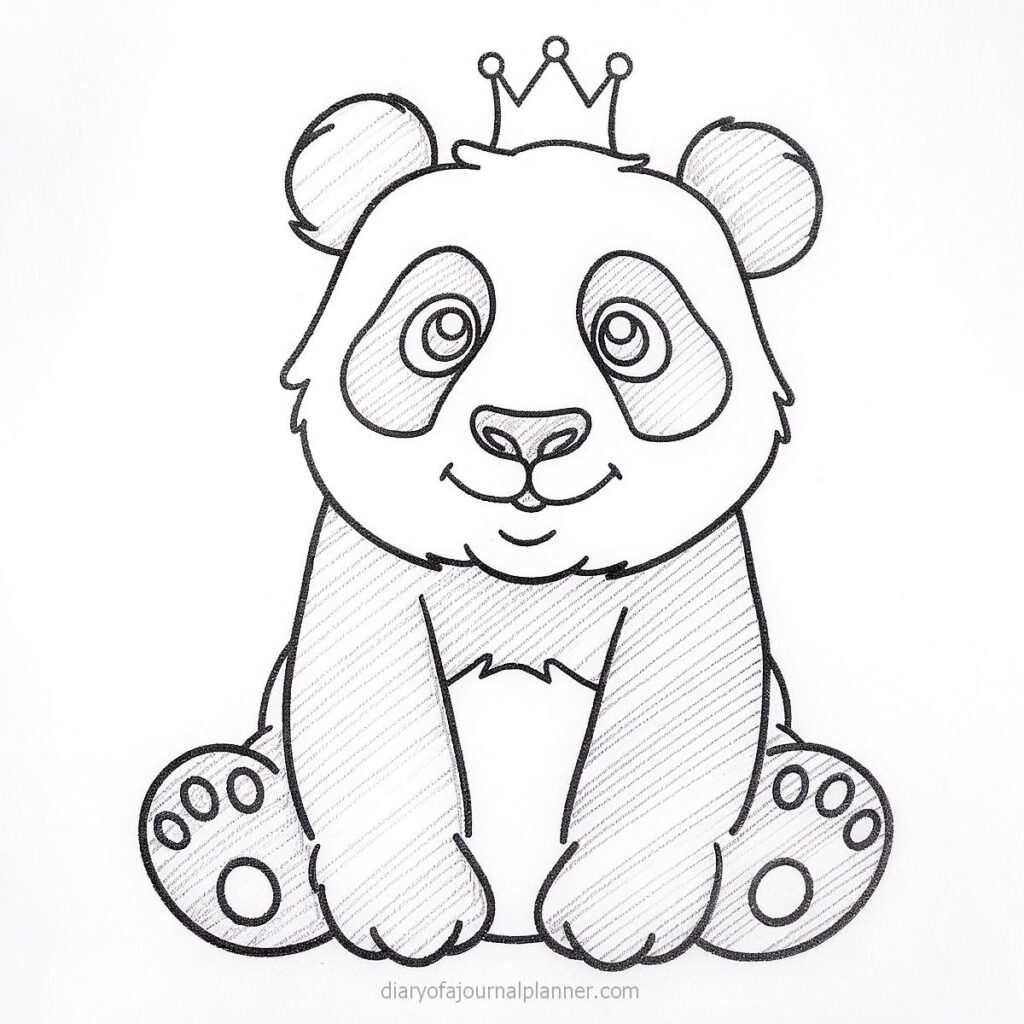 Cute panda with a crown sketch, perfect for kids' coloring pages. Simple black and white illustration.