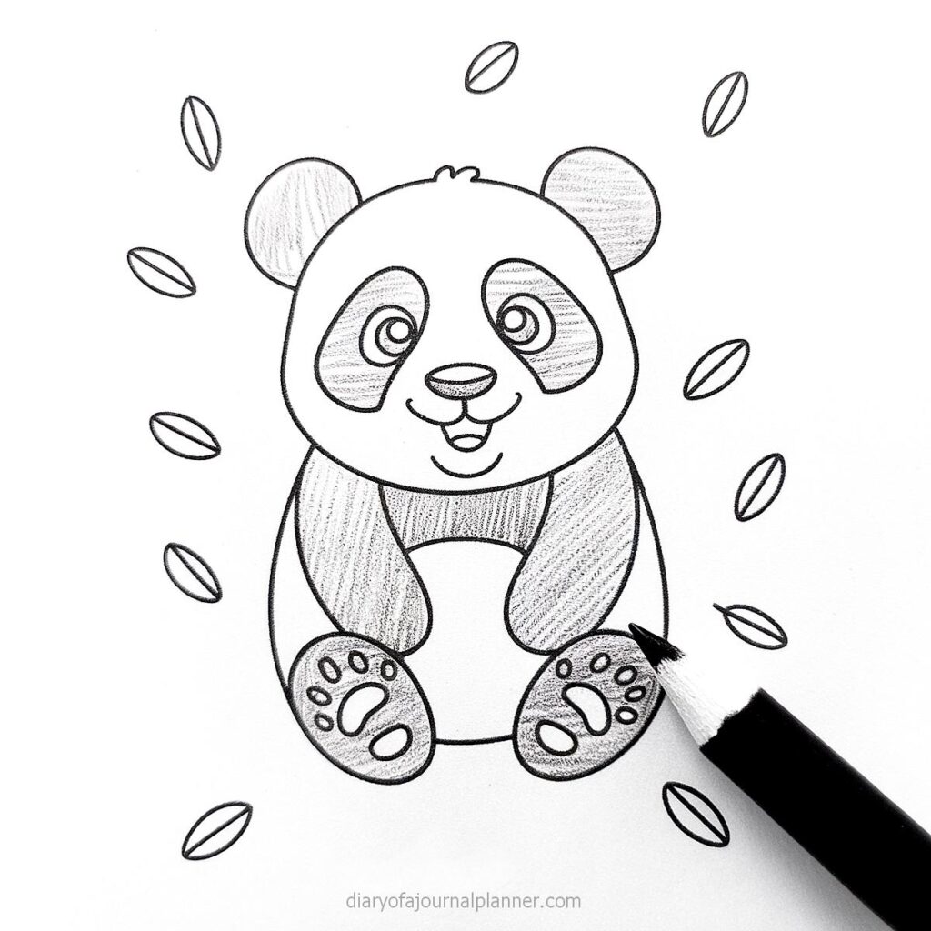 Cute panda coloring page with pencil, perfect for kids and art projects. Black and white illustration with simple design.
