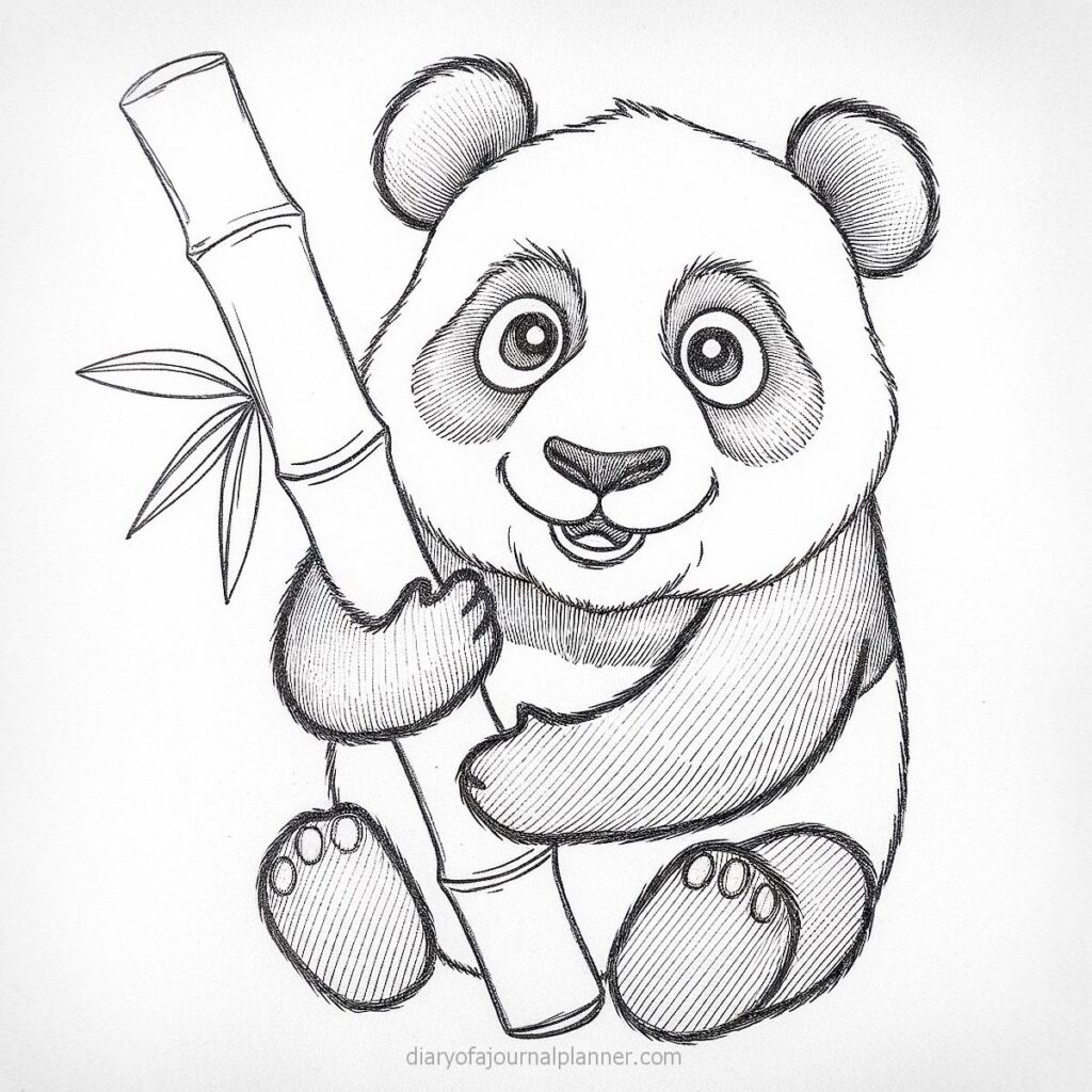 Cute drawing of a happy panda holding a bamboo stick, perfect for coloring or children's art activities.