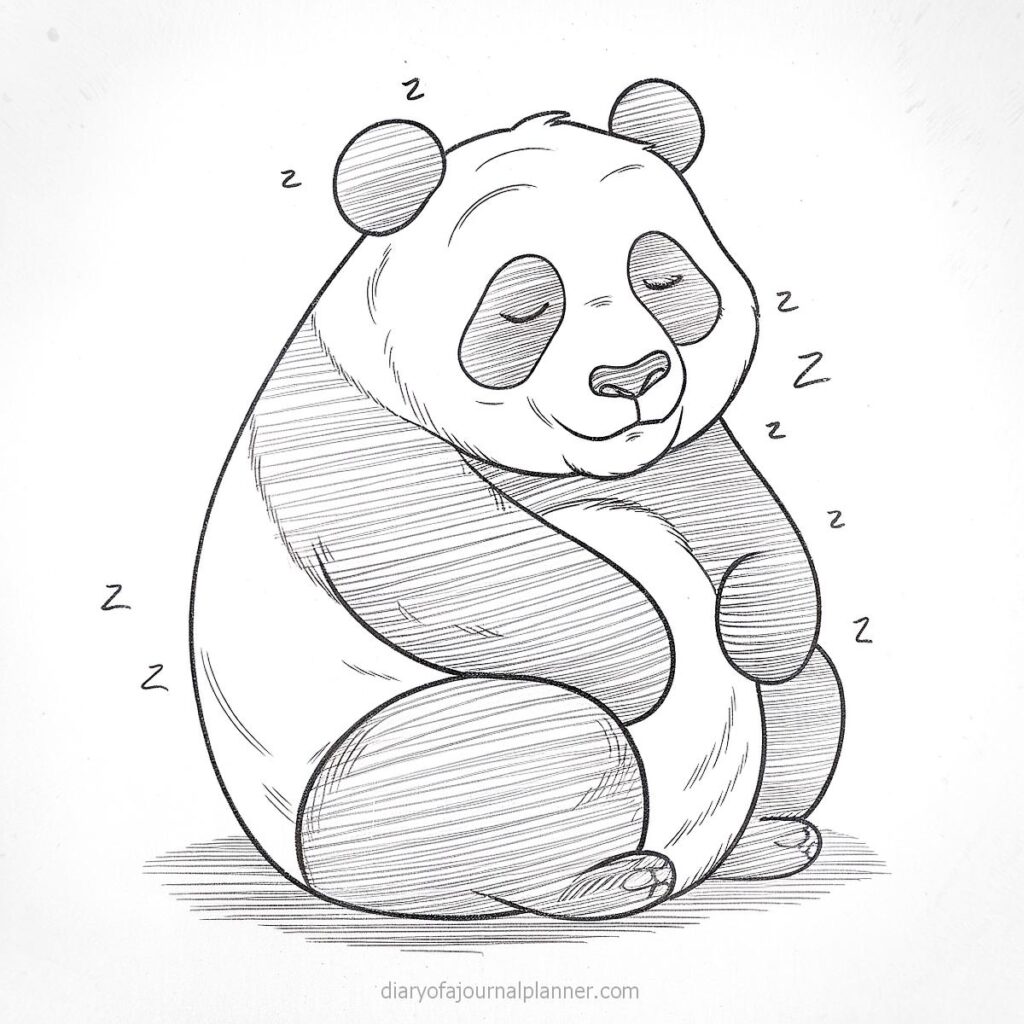 Sleeping panda sketch with closed eyes and peaceful expression, surrounded by Z symbols indicating sleep.
