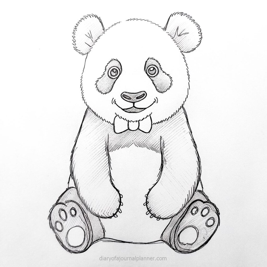 Cute panda sketch wearing a bow tie, sitting with a happy expression. Perfect for coloring or art inspiration.