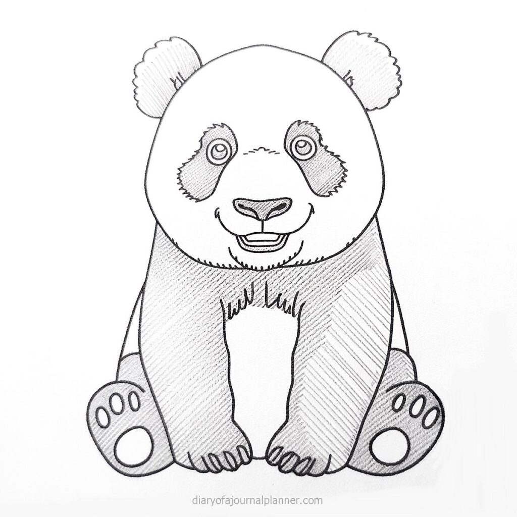 Smiling panda bear line drawing, featuring distinct black patches around eyes and ears, sitting with paws forward.