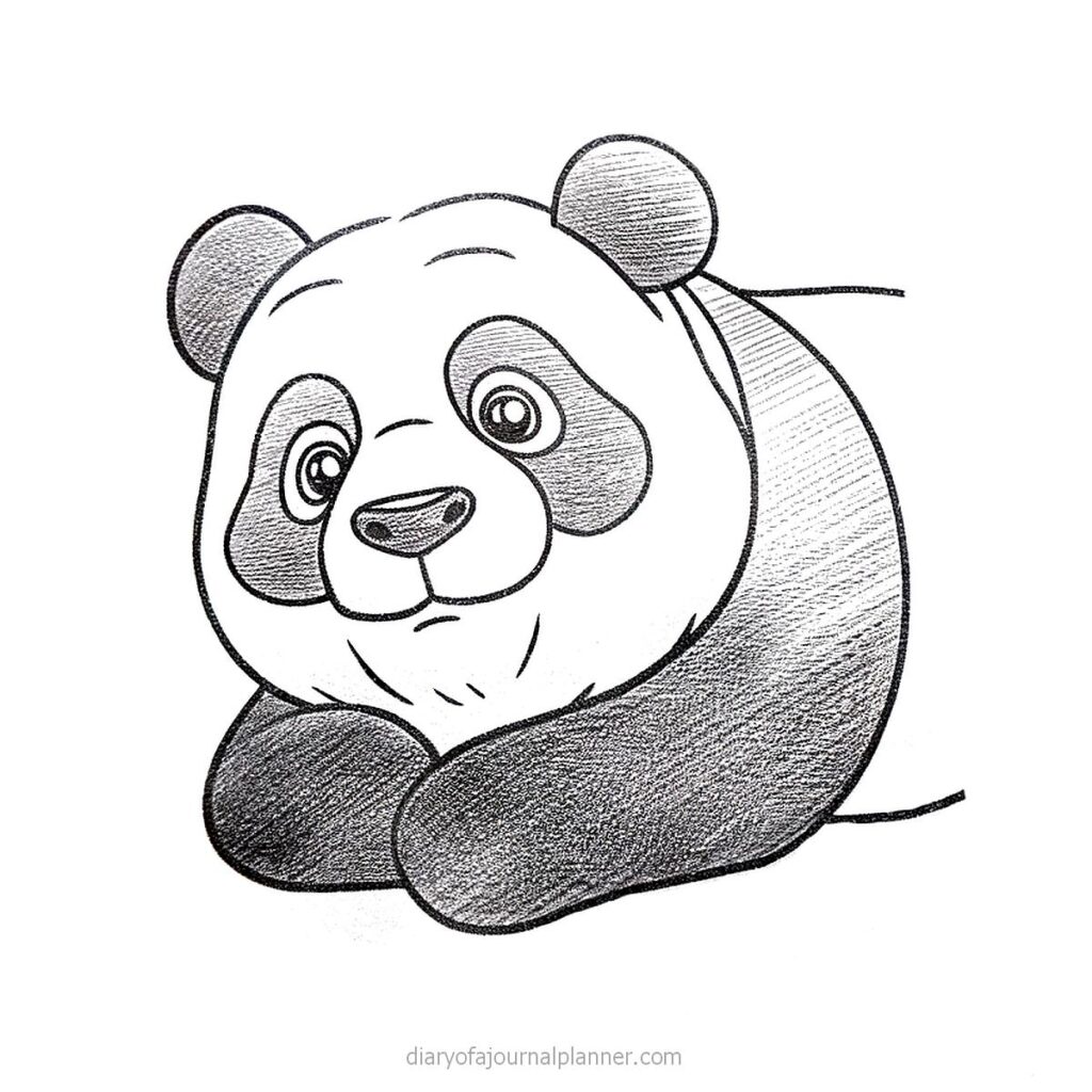Cute panda sketch lying down, with large eyes and shaded fur, displaying a friendly expression.