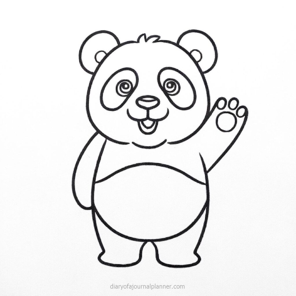 Cute cartoon panda waving outline for coloring page, perfect for kids' activities and creativity.