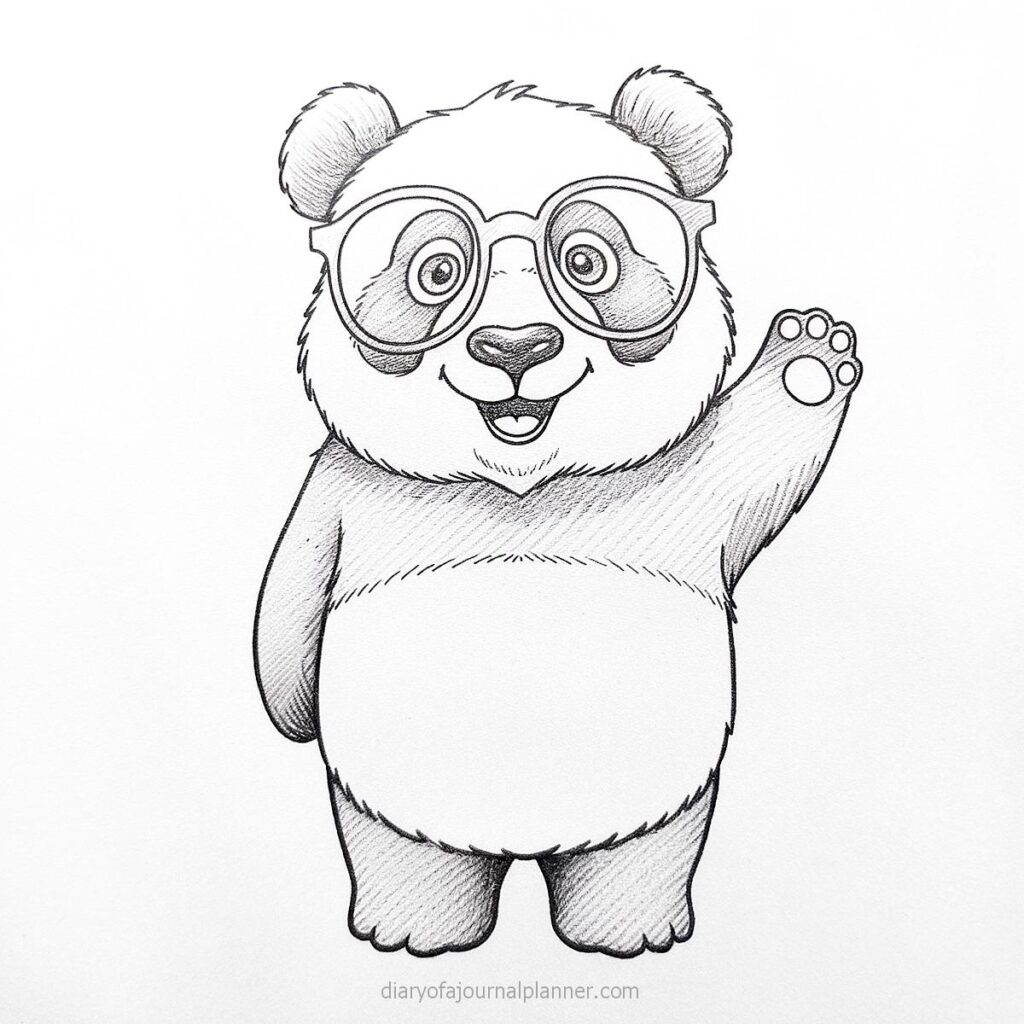 Cute panda drawing with glasses waving hello, black and white sketch style.