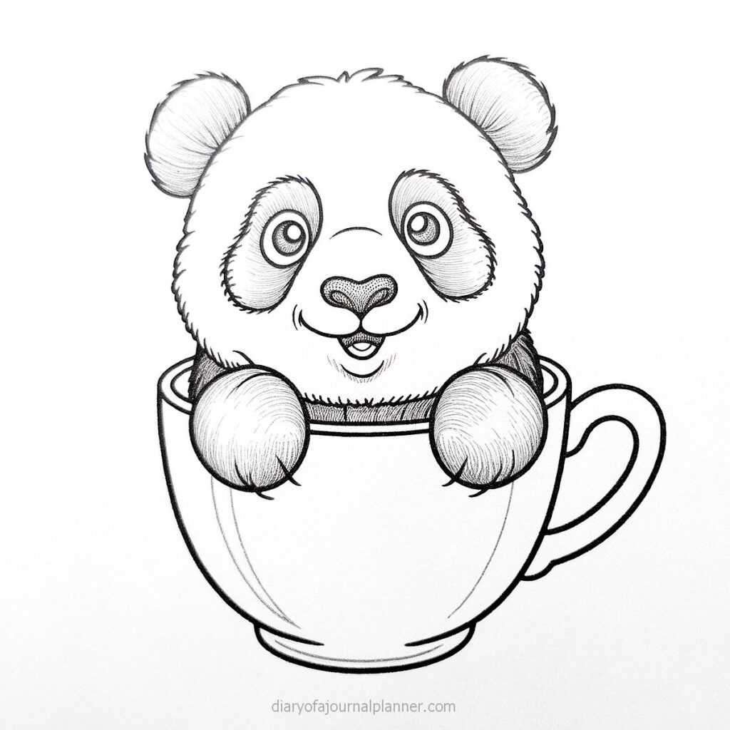 Cute panda illustration peeking out of a teacup, perfect for coloring pages and crafts.