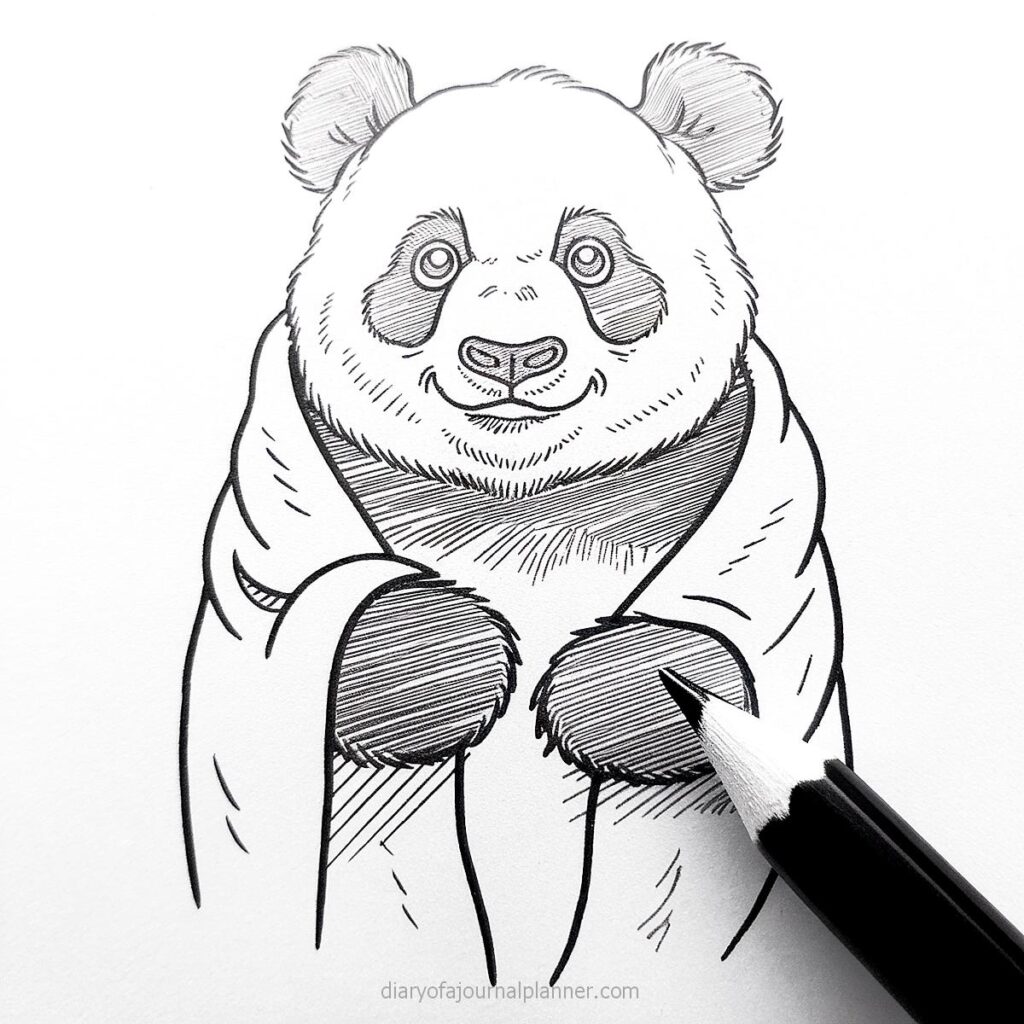 Illustration of a cute panda in a blanket, drawn with a pencil. Cozy panda art sketch.