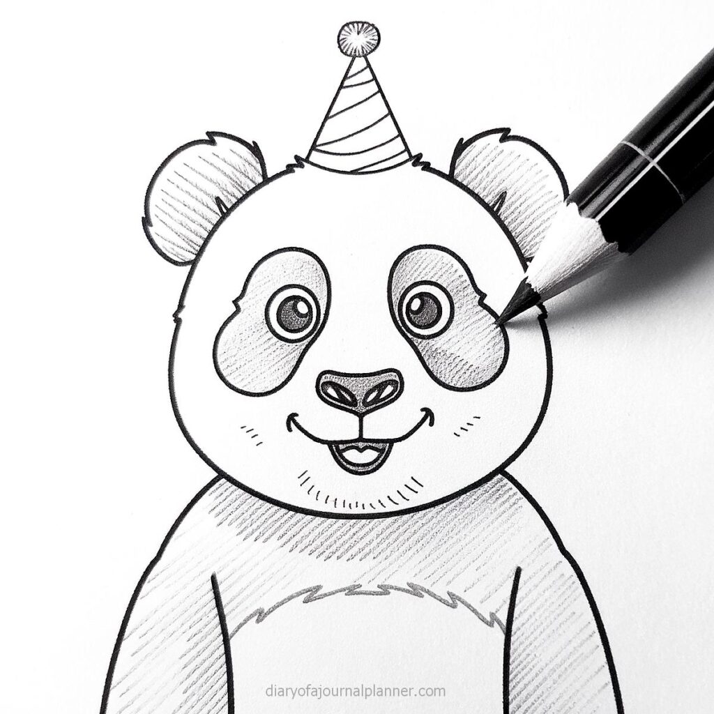 Cute panda in a party hat being drawn with a pencil, showcasing sketching techniques for doodle art.