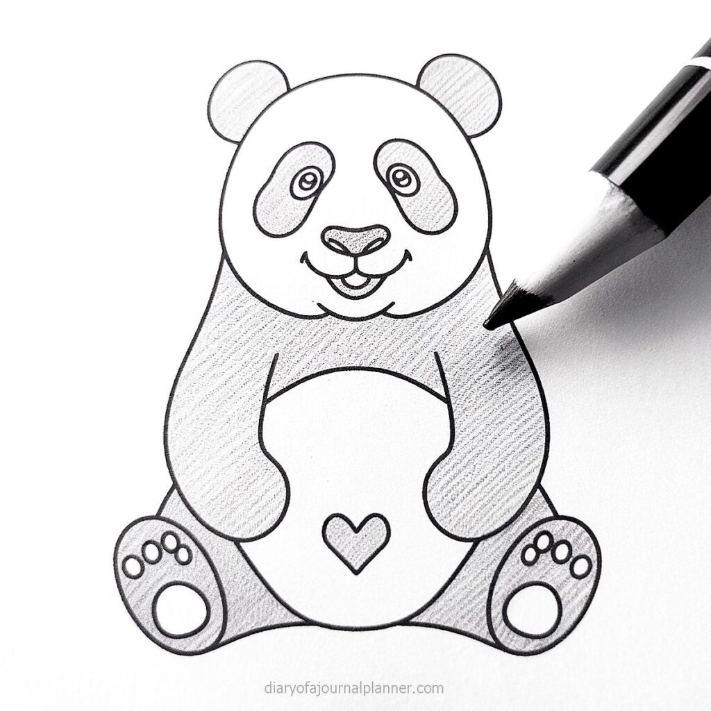Sketch of a smiling panda with a heart-shaped mark on its belly, outlined in pencil.
