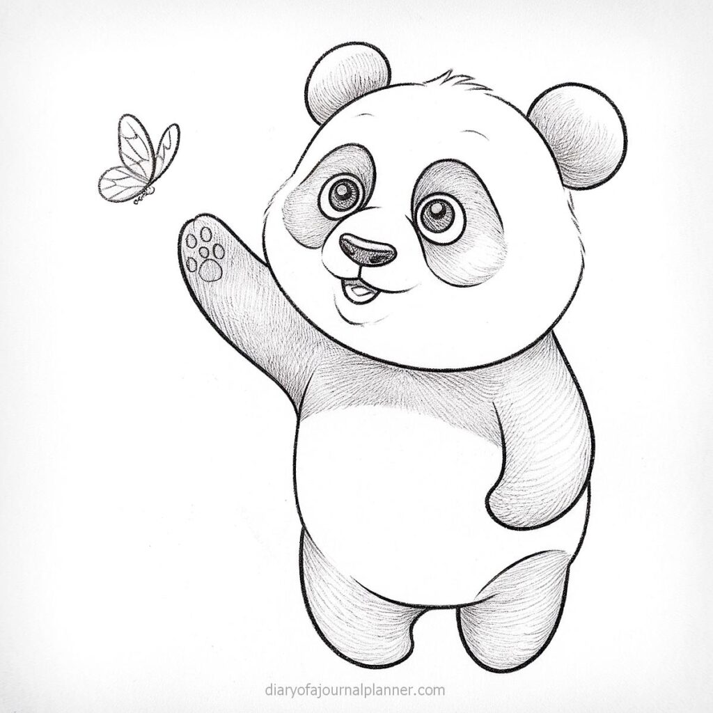 Cute panda sketch reaching for a butterfly, playful cartoon illustration in black and white.