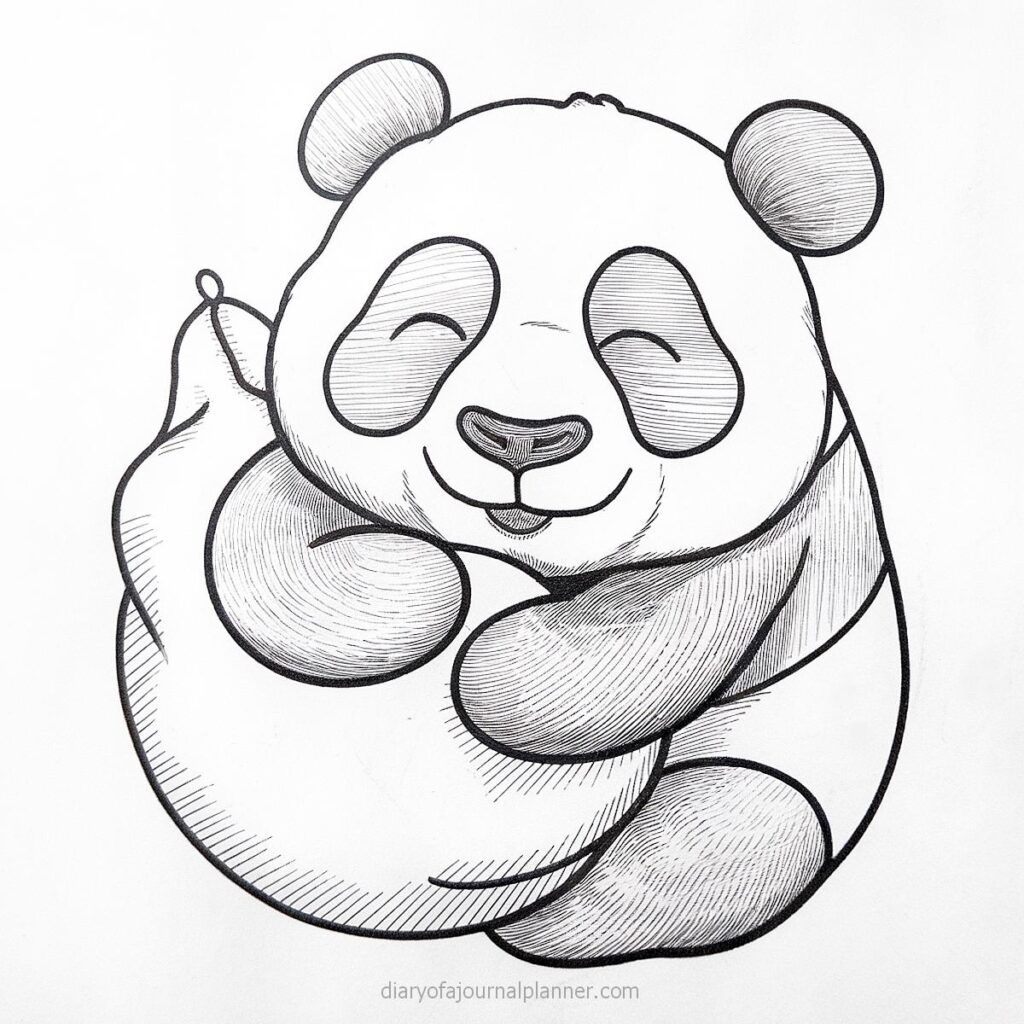 Cute panda drawing, smiling with closed eyes, holding its feet; minimalistic black and white illustration.