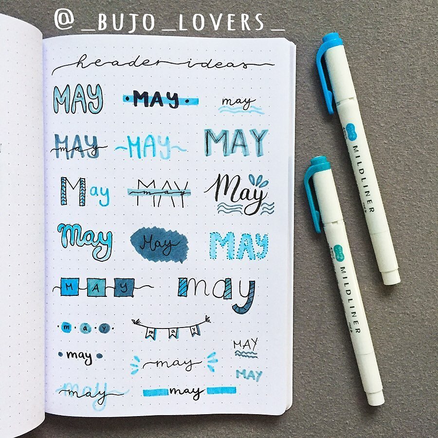 Bullet journal header ideas for May with Mildliner pens and creative lettering styles.
