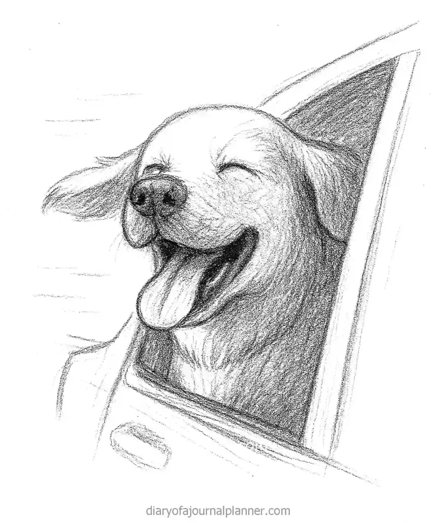 Illustration of a joyful dog with its head out a car window, enjoying the breeze.