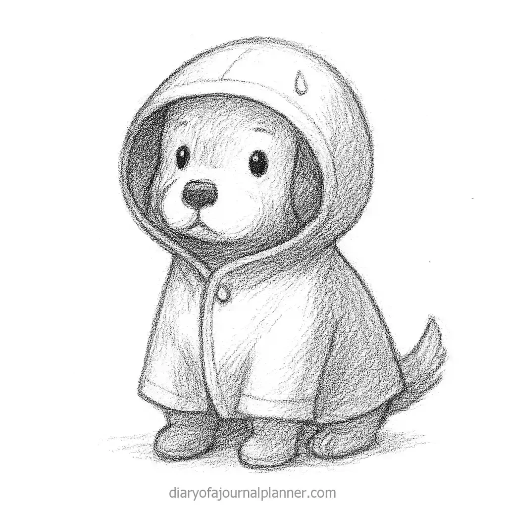 Cute puppy in a raincoat sketch, perfect for a rainy day illustration or children's book design.