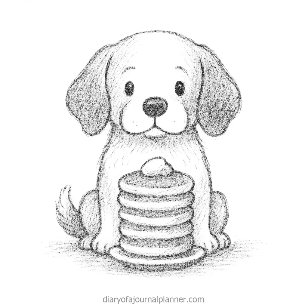 Cute puppy with pancakes sketch, dog illustration for breakfast theme.