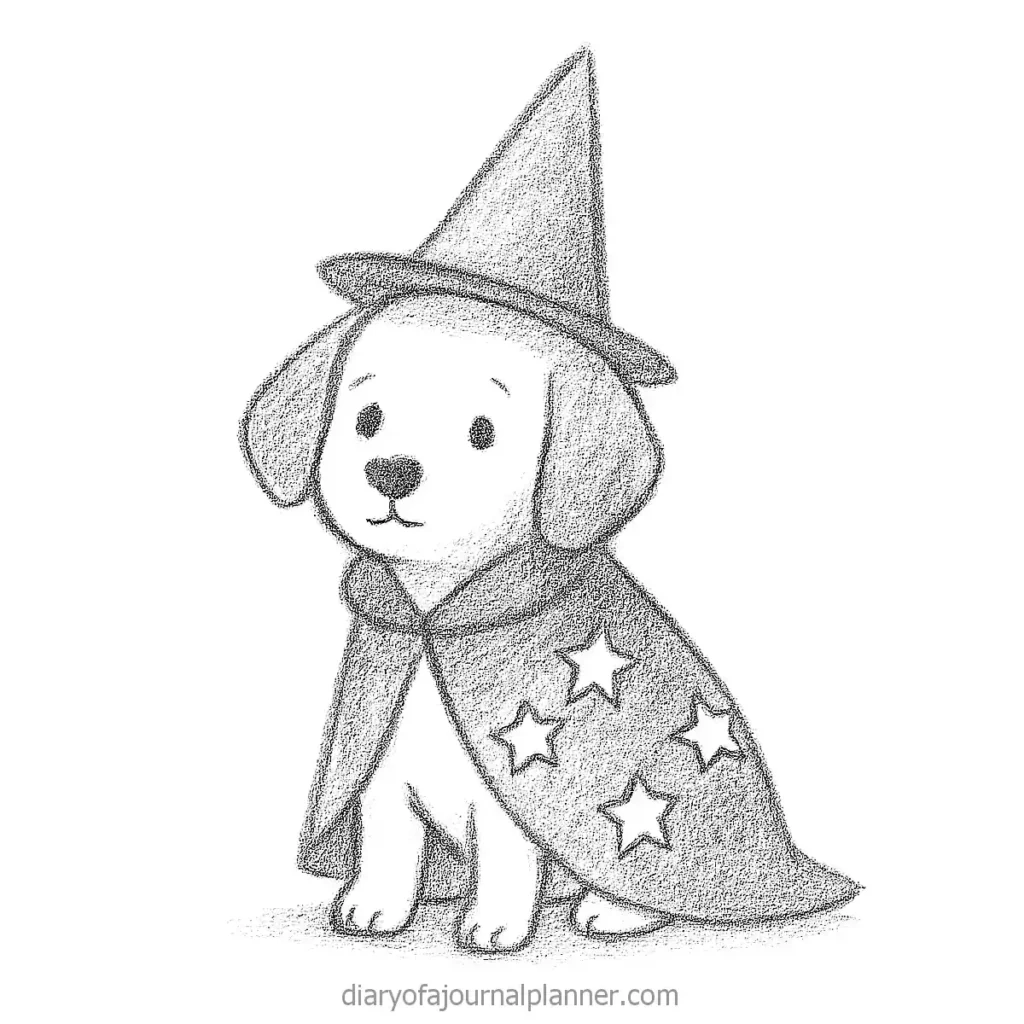 Adorable sketch of a puppy dressed as a wizard with a pointy hat and starry cape.