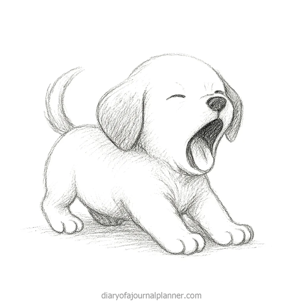 Sketch of a cute puppy yawning with its eyes closed and tail wagging, conveying cuteness and playfulness.