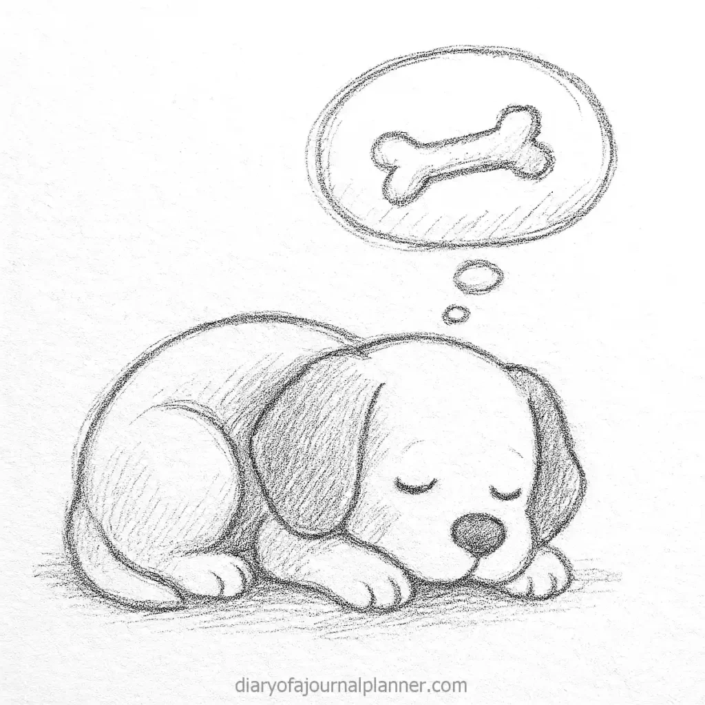Sketch of a sleeping puppy dreaming of a bone, illustrating a peaceful and whimsical scene.