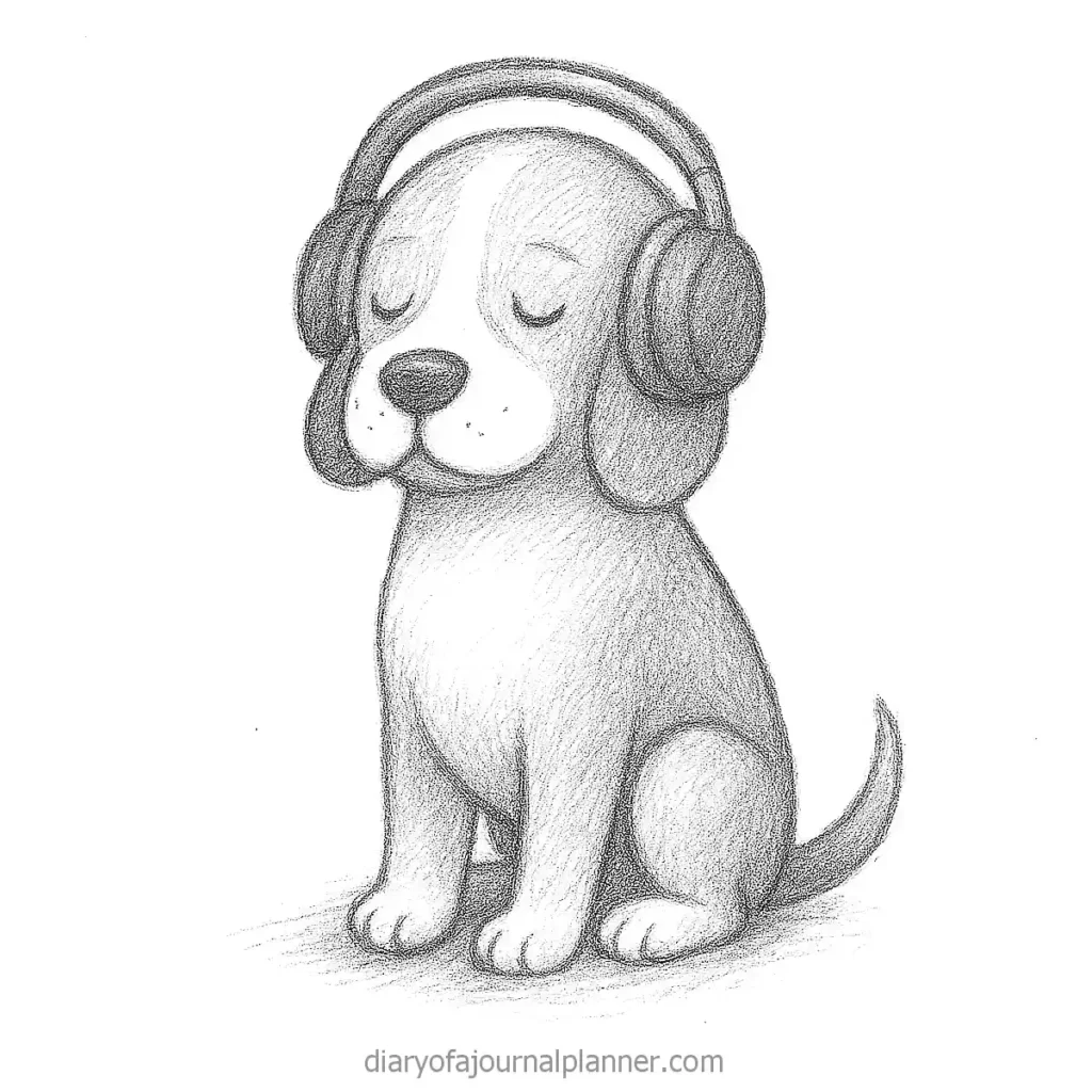 Cute sketch of a dog wearing headphones, eyes closed, looking relaxed and serene.