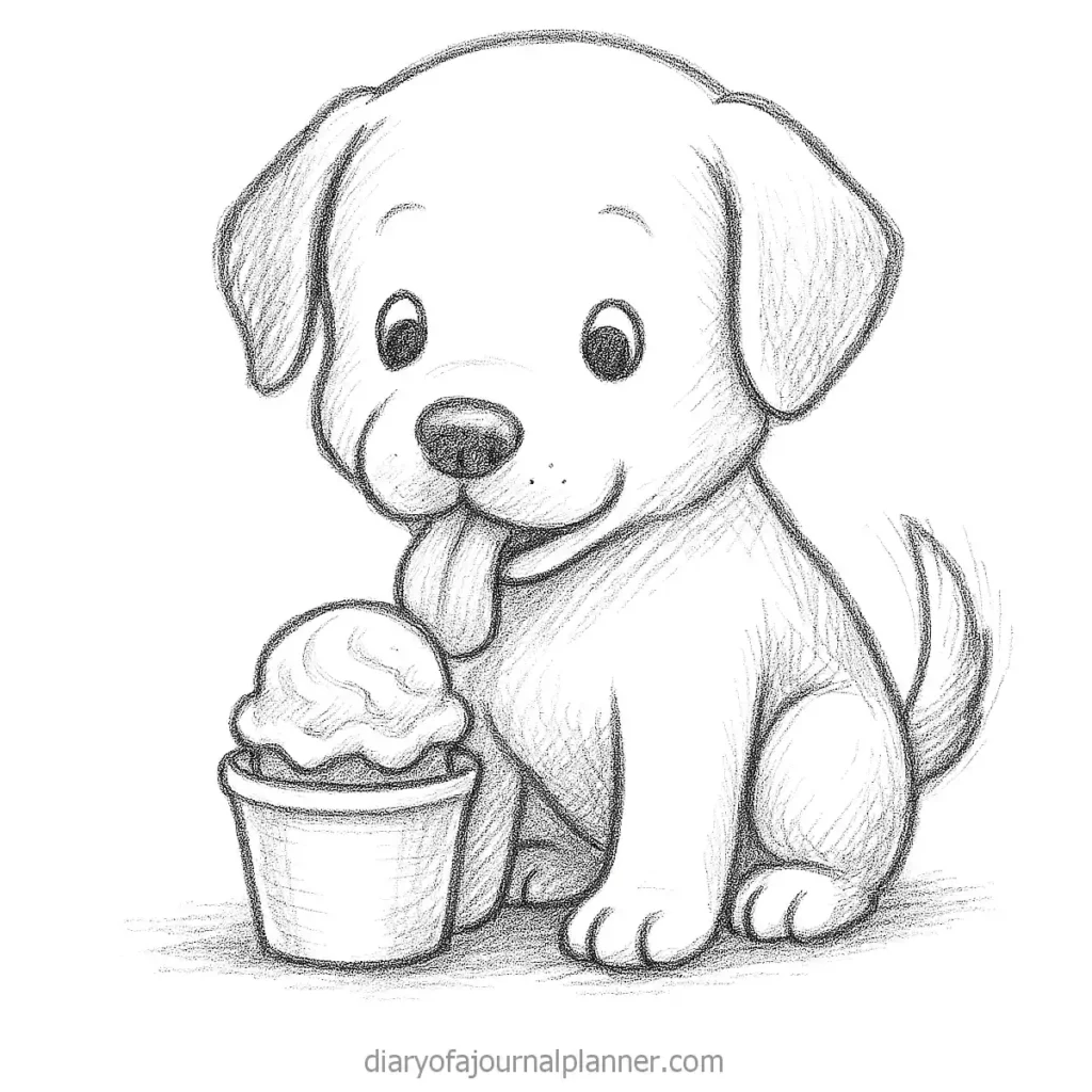 Sketch of a cute puppy licking an ice cream cone, showcasing a playful and joyful moment.