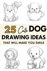 25 dog drawing ideas. Sketch of four cute dogs in different poses with 25 Cute Dog Drawing Ideas text above.