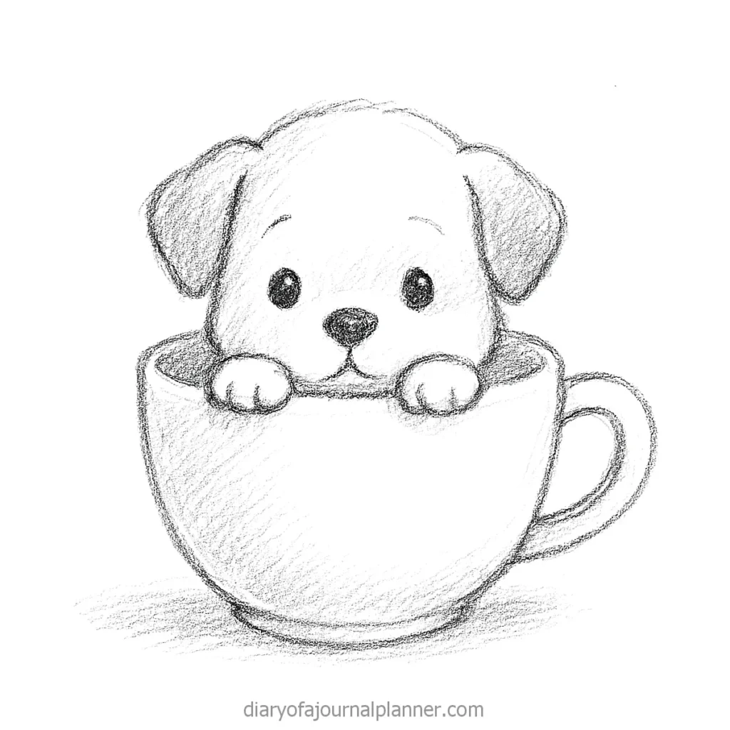 Cute sketch of a puppy sitting in a teacup, looking playful and adorable. Perfect for pet lovers and art fans.