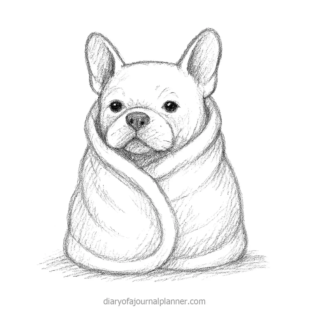 Sketch of a French Bulldog snugly wrapped in a blanket, showcasing cuteness and coziness.