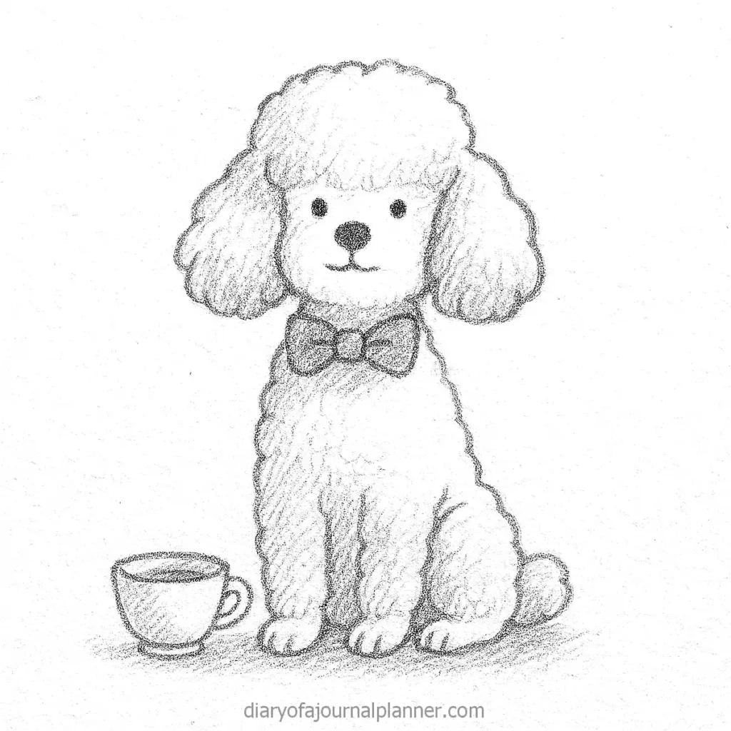 Cute pencil sketch of a poodle wearing a bowtie next to a teacup, perfect for dog lovers and art enthusiasts.