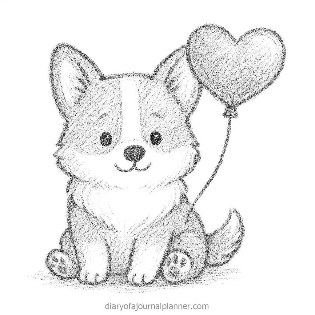 Drawing of a cute puppy sitting with a heart-shaped balloon, pencil sketch style.