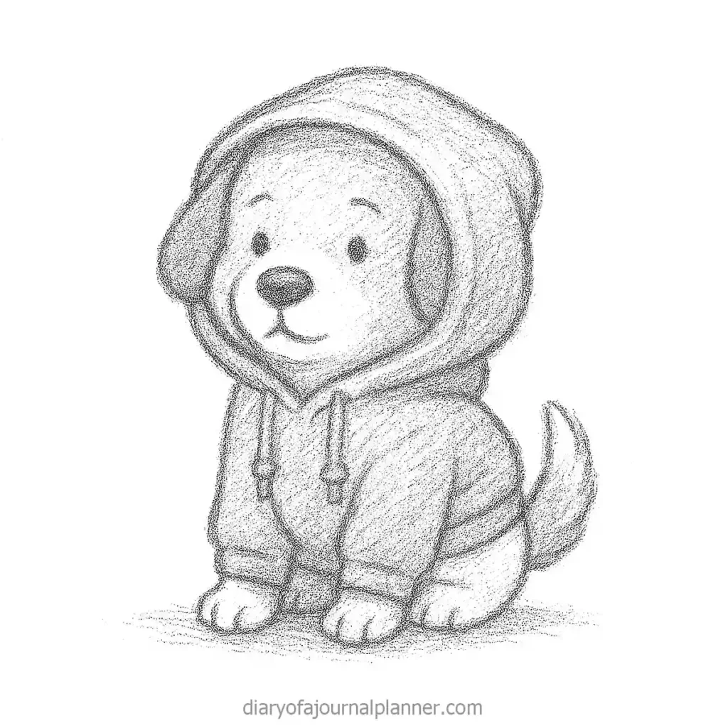 Cute sketched puppy in hoodie sitting down, looking forward.