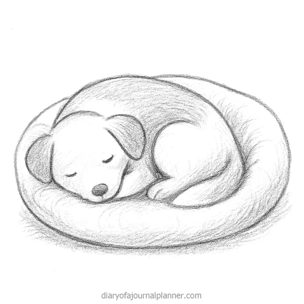 Pencil sketch of a cute puppy sleeping on a cozy bed, conveying peace and comfort.