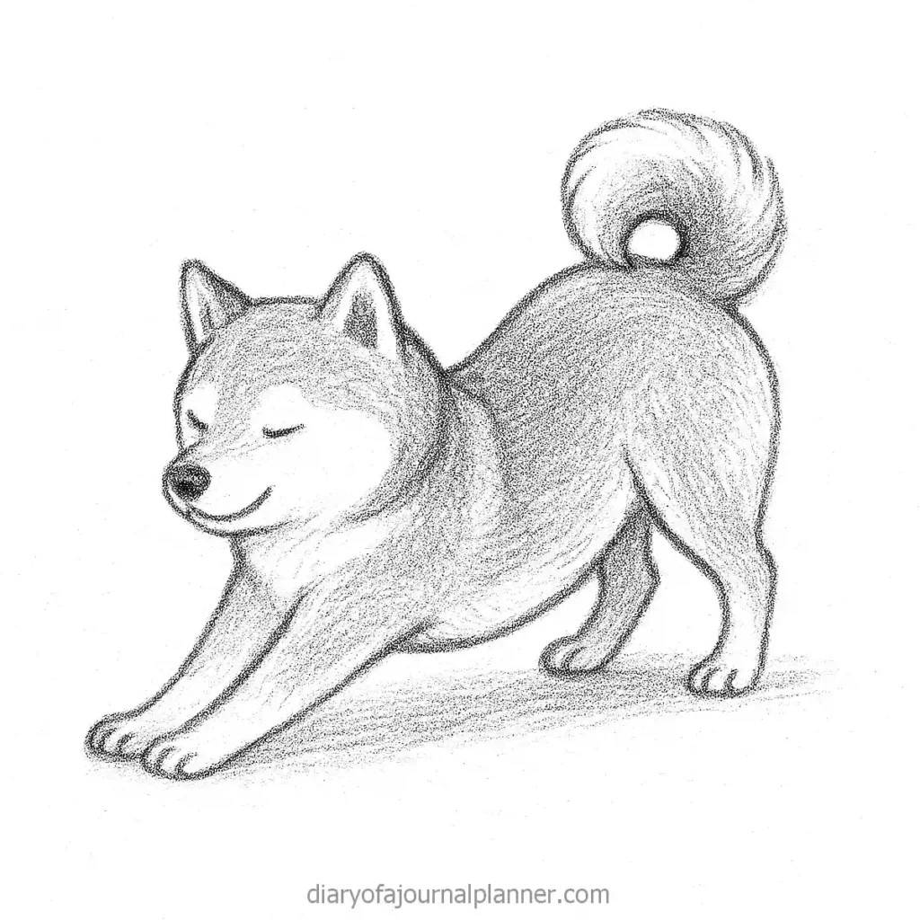 Sketch of a happy Shiba Inu dog stretching, showcasing its playful pose and fluffy tail.