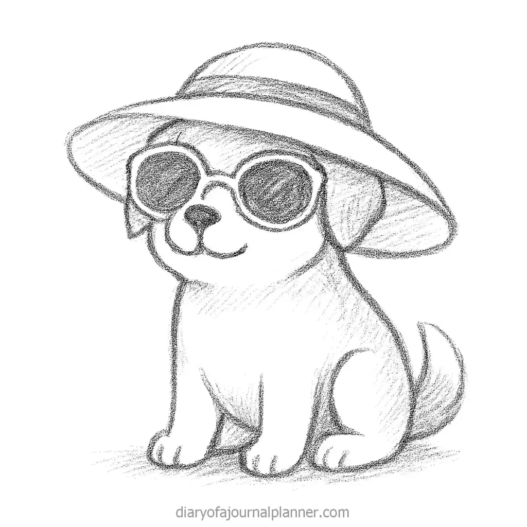 Cartoon dog wearing sunglasses and a hat, sketched in black and white, looking stylish and cute.